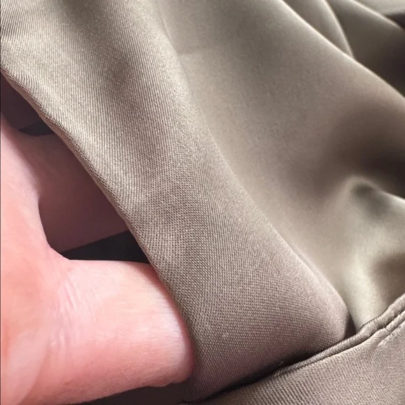 Sleek Satin Ruched Olive Green Midi Slip Flowy Dress - Picture 9 of 9